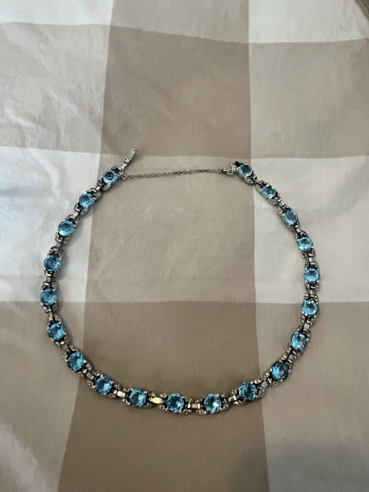 Vintage Blue Topaz & CZ Tennis Necklace Silver Tone Prong Set Box Clasp 14in.