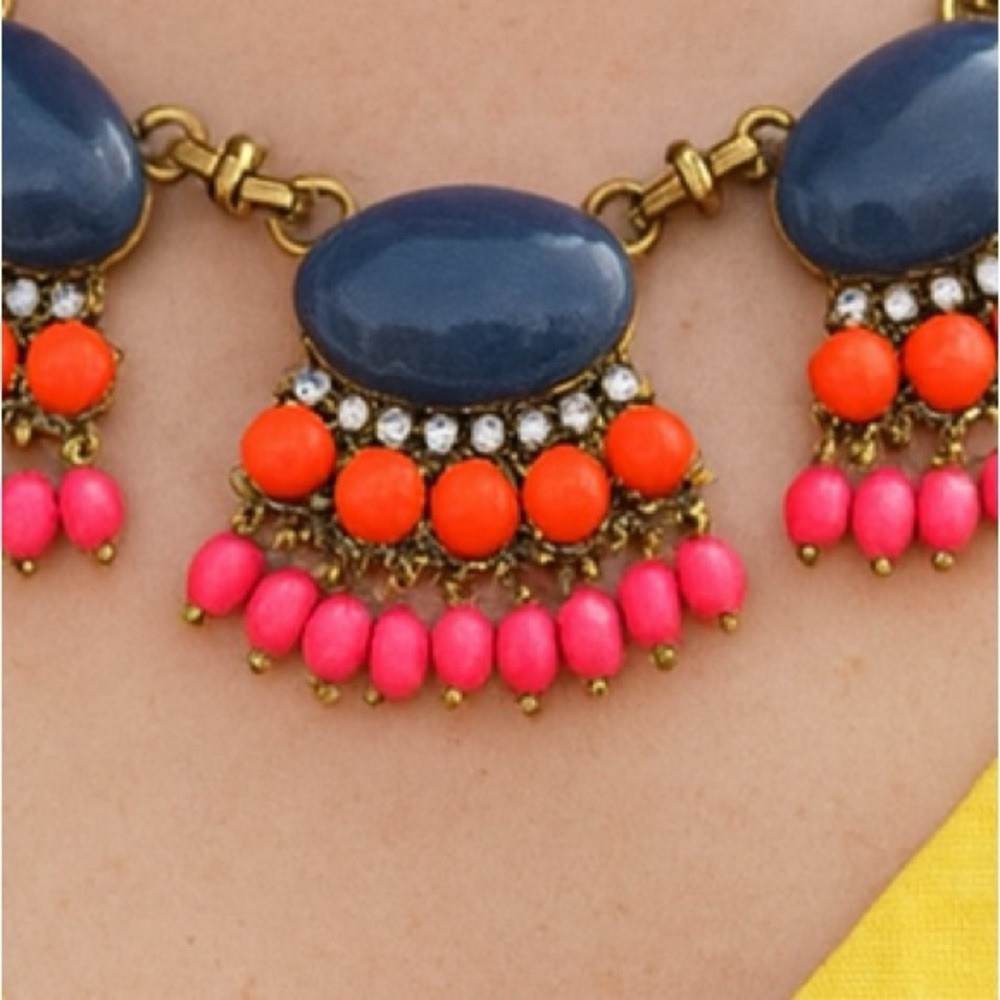 J.Crew Fan Fringe Statement Necklace Navy Blue Coral Pink Beaded Bib Chunky