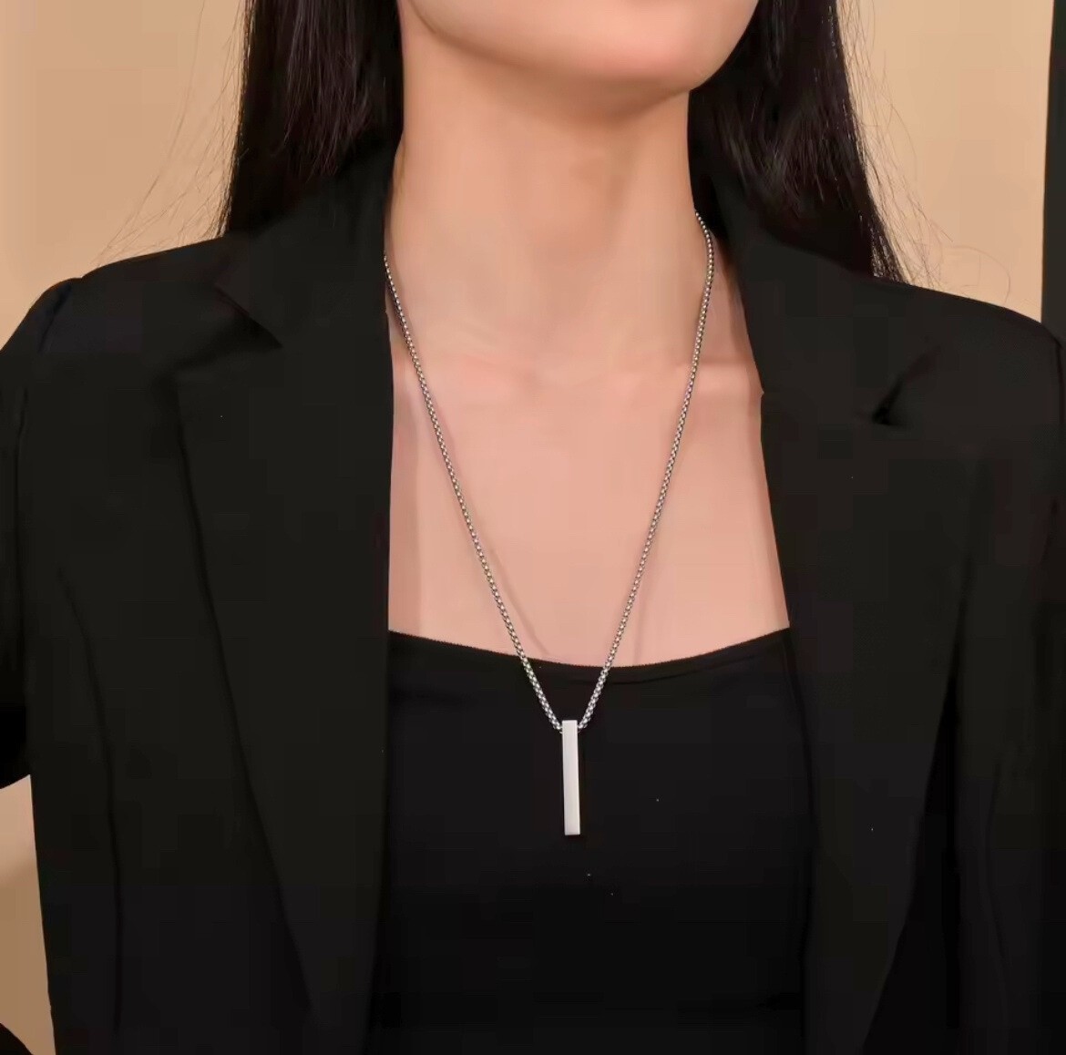 Minimalist Bar Pendant Necklace Stainless Steel 24” Chain Gold Silver Black