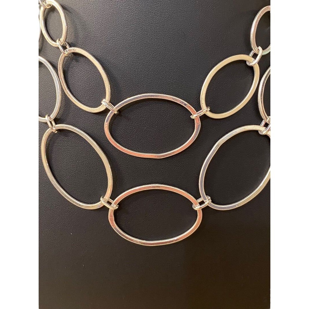 Silvertone Layered Bib Necklace 17-20″ Lays Flat Lightweight Statement