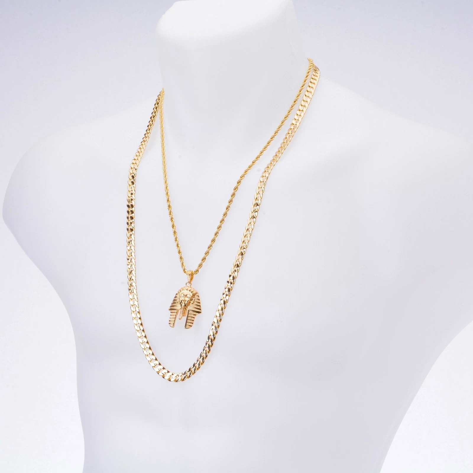 Mens Gold Plated Egyptian Pharaoh Pendant 22″ Rope Chain 30″ Concave Cuban Chain