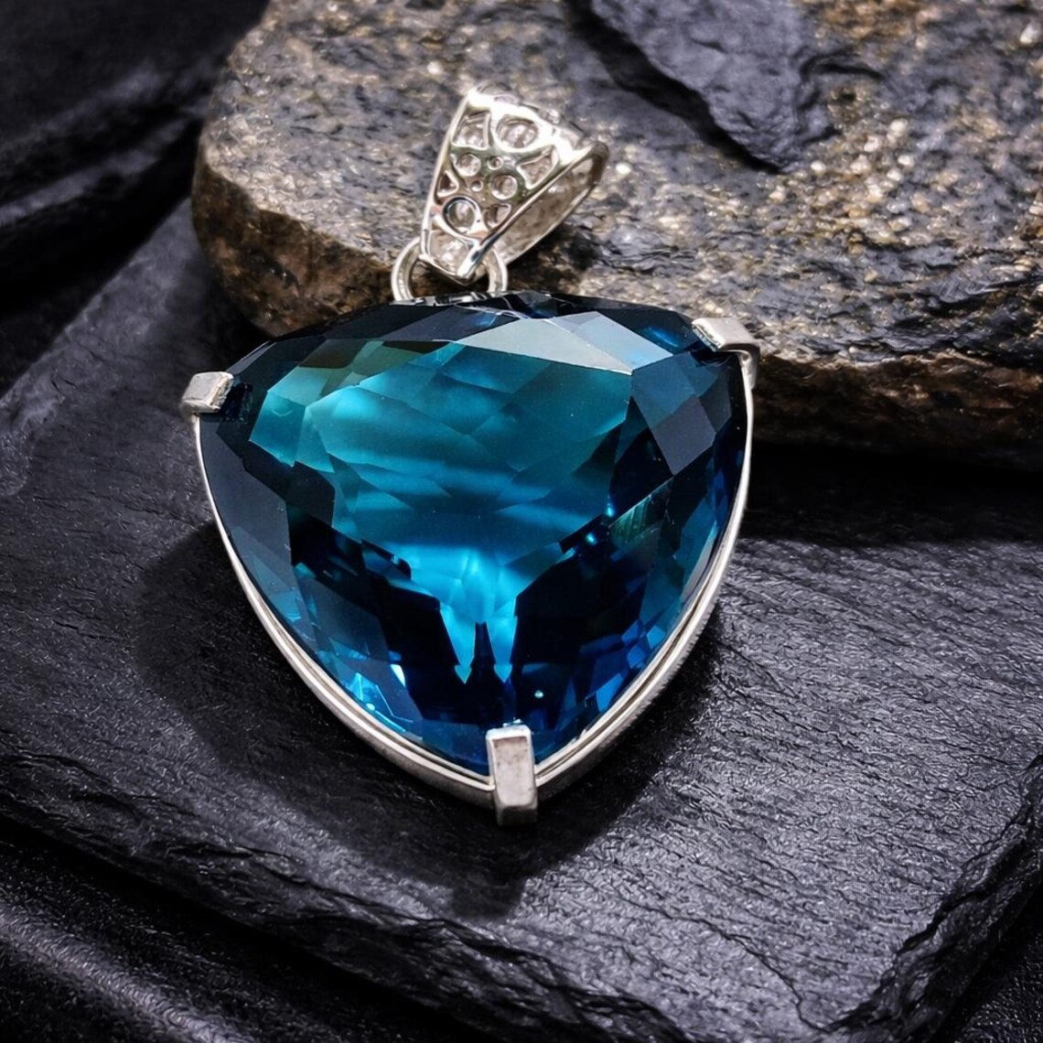 70+ Ct Green Bluish Topaz Color Glass German Silver Trillion Shape Gemstone