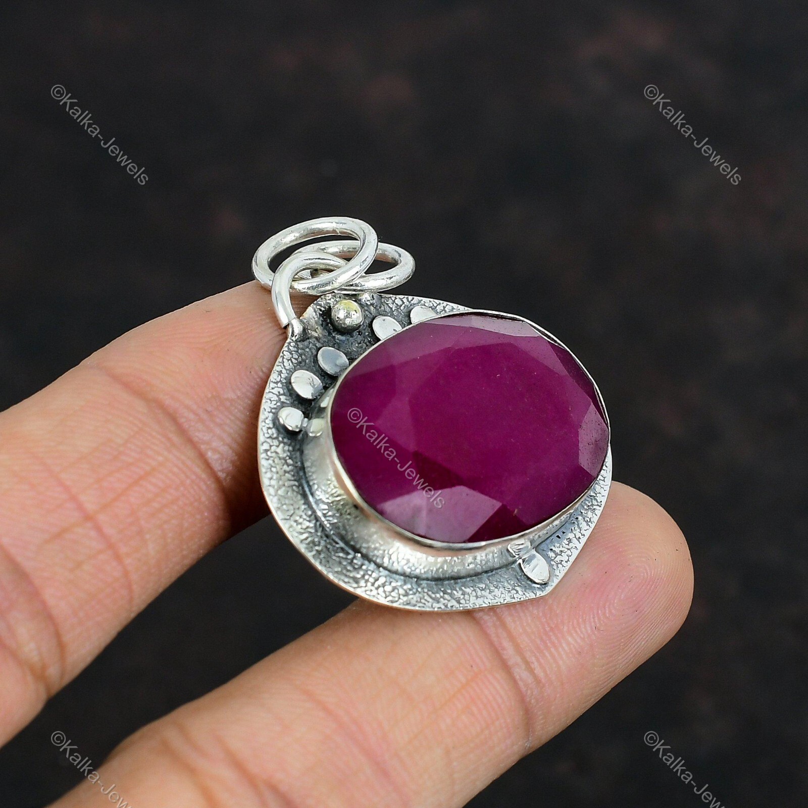 Natural Kashmir Rubi Gemstone Pendant Red 925 Sterling Silver Indian Jewelry