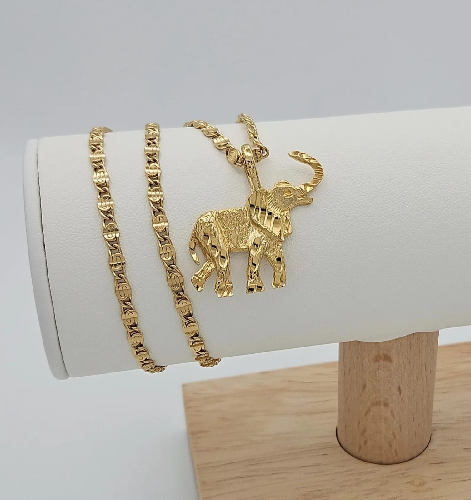 Gold Elephant Necklace, Medium Elephant Pendant, 3mm Scroll Chain, 14K Plated