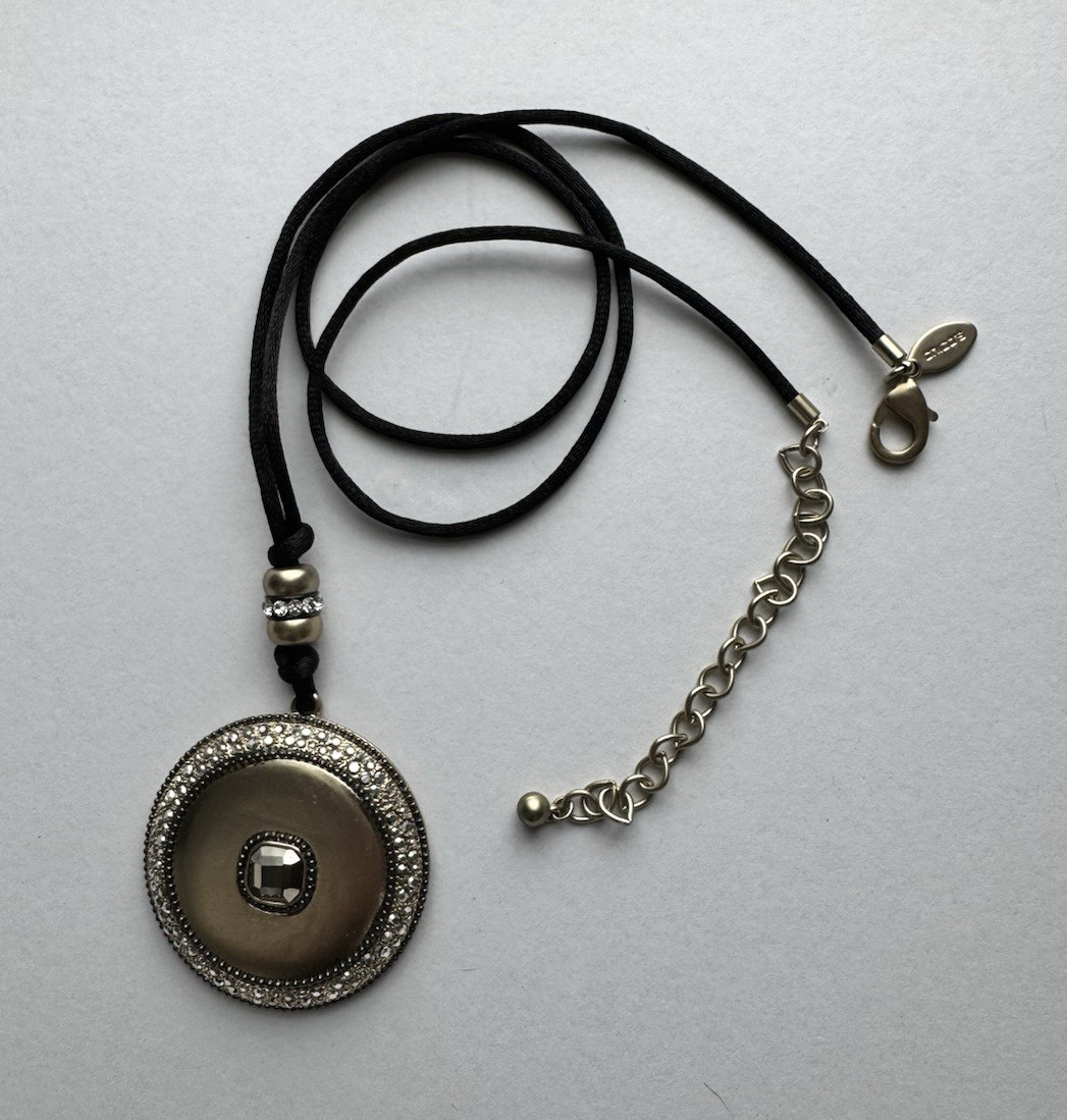 Chico’s Black Cord Pendant Necklace Silver Tone Round Crystal Charm Adjustable