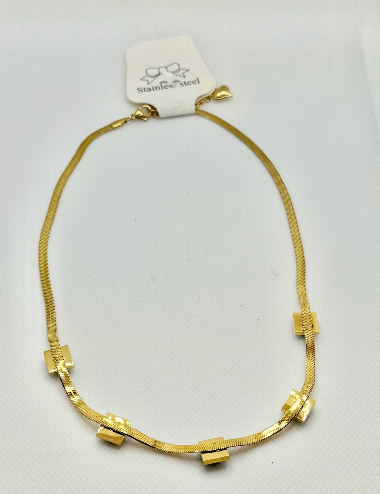 Gold-Tone Stainless Steel Snake Chain Choker Necklace with Blue Stone Accents