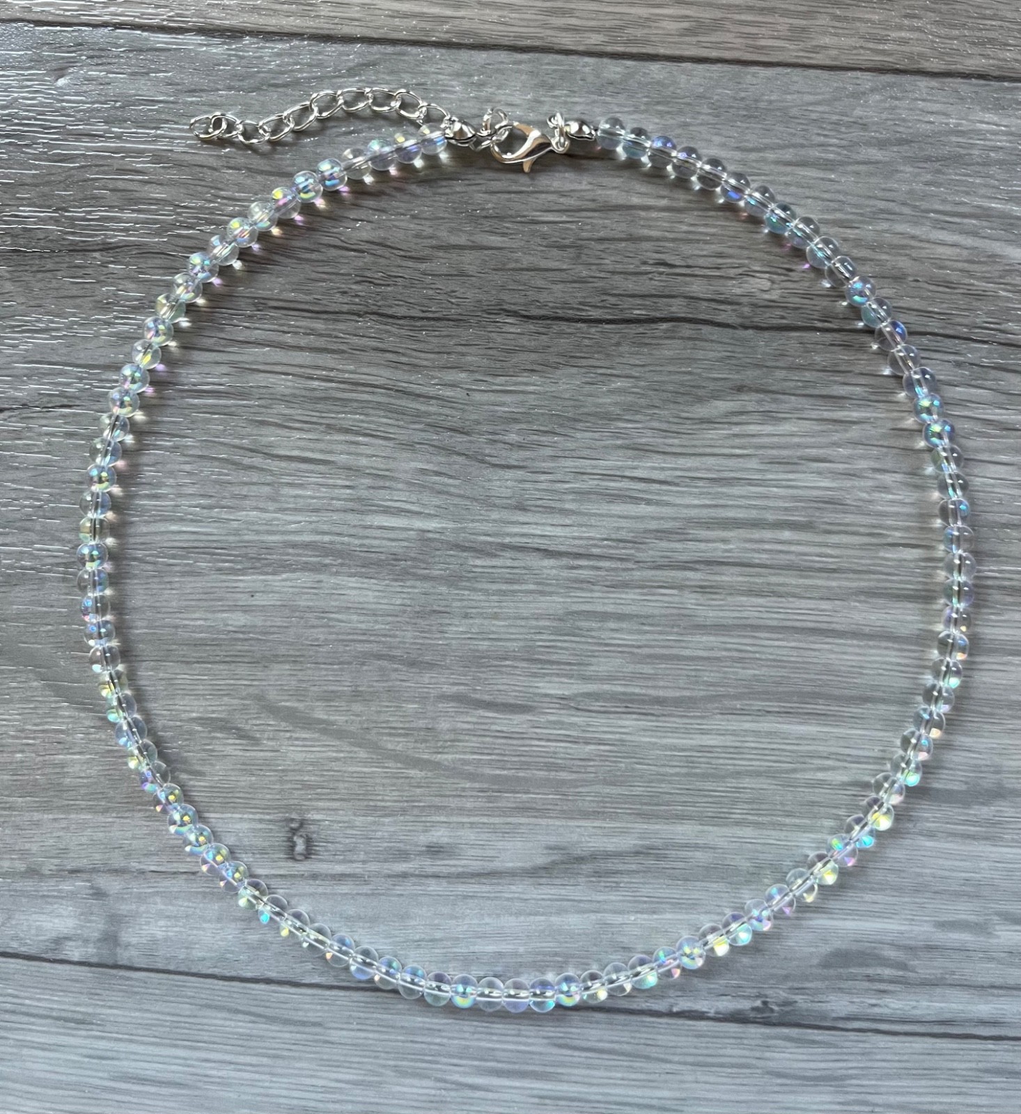 Iridescent clear AB glass bead necklace, silver plated clasp, 16 – 18 inches