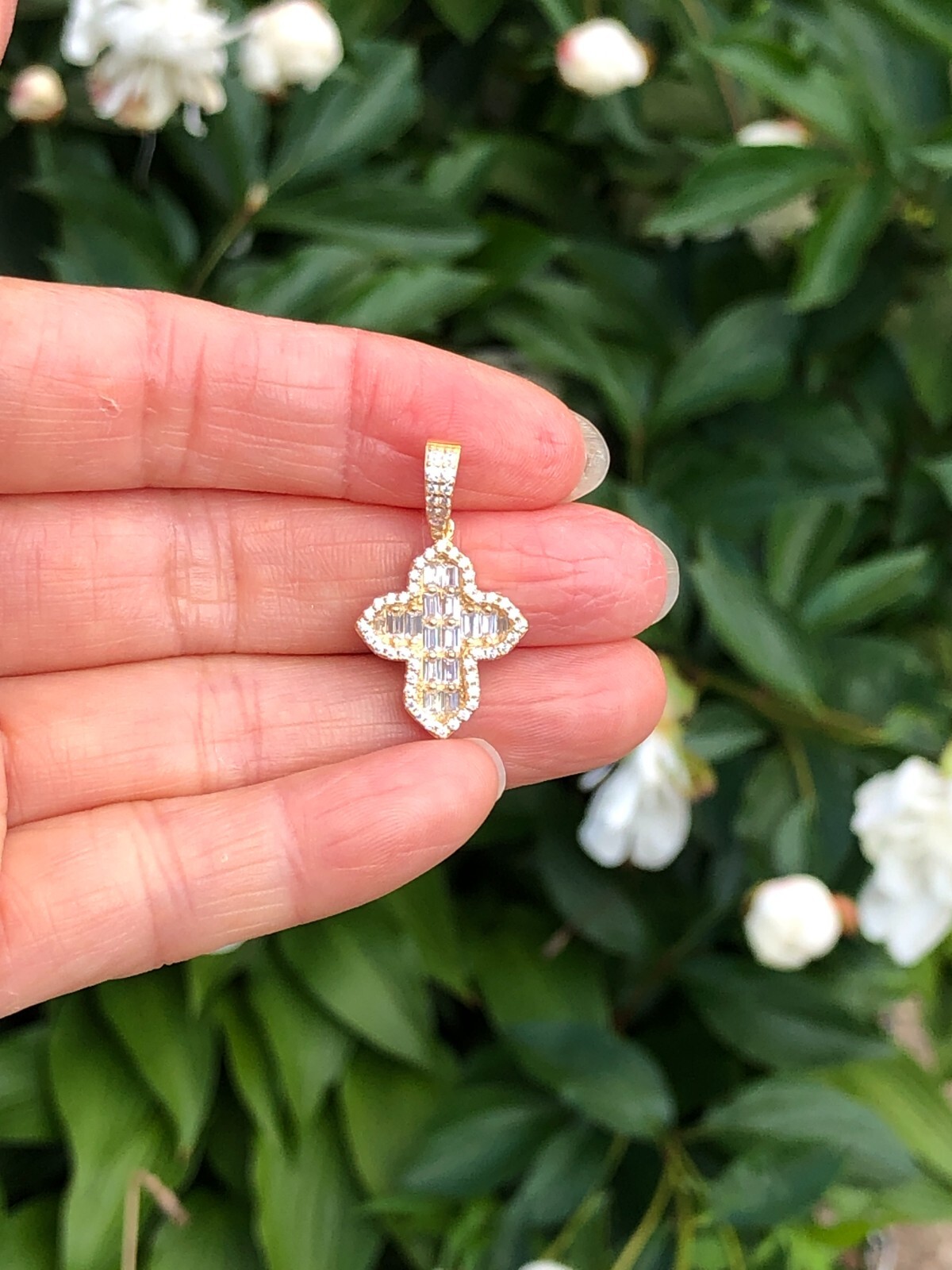 925 Sterling Silver Clover Cross Baguette CZ Gold Pendant Women 17mm0.67″/28mm