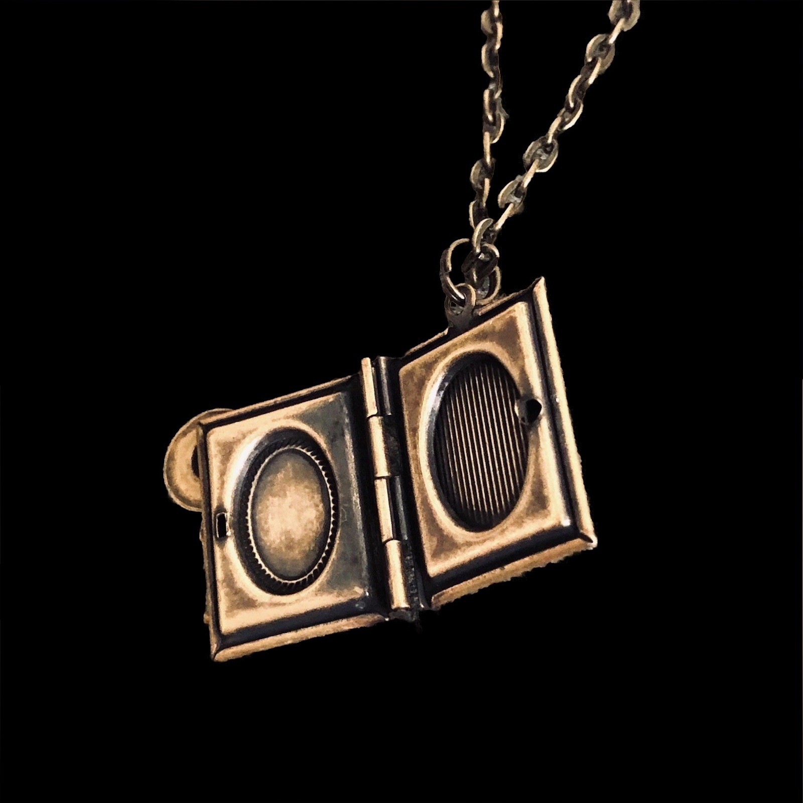 Vintage Camera w/ Flash Bulb Photo Book Locket Necklace, Antique Brass