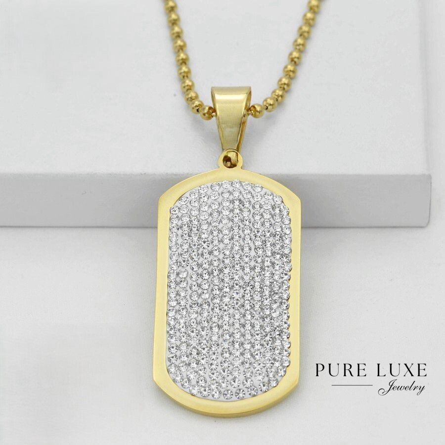 Men’s Stainless Steel,Gold Plated 53mm DOG TAGS,Stone Pendant 30″ Ball Chain*BOX