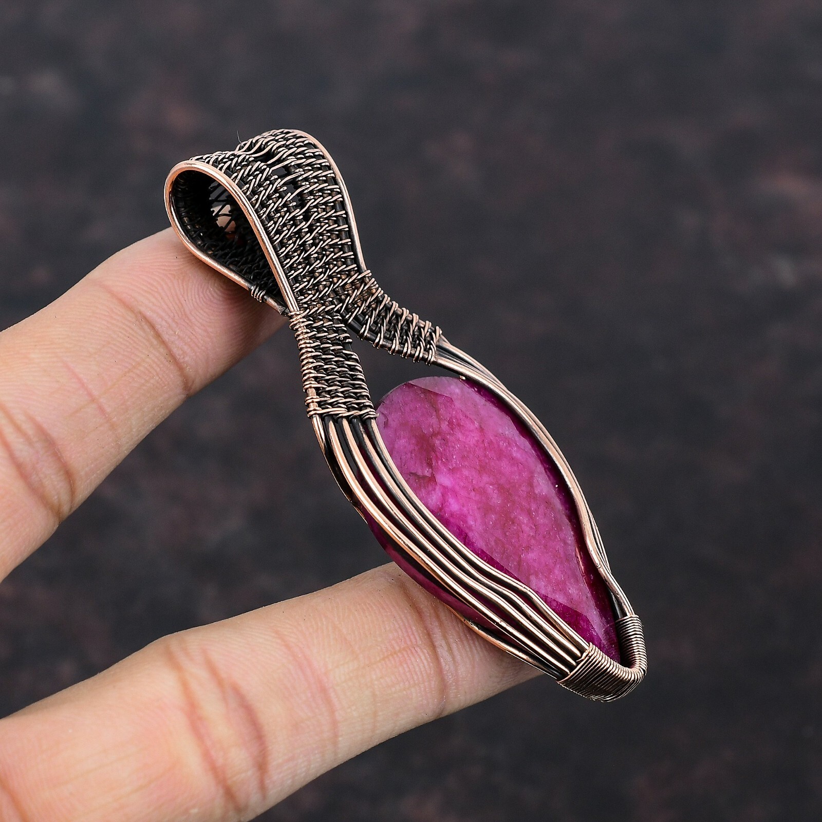 Unique Gemstone Jewelry Copper Gift For Mum Wire Wrapped Red Stone Pendant 3.23″
