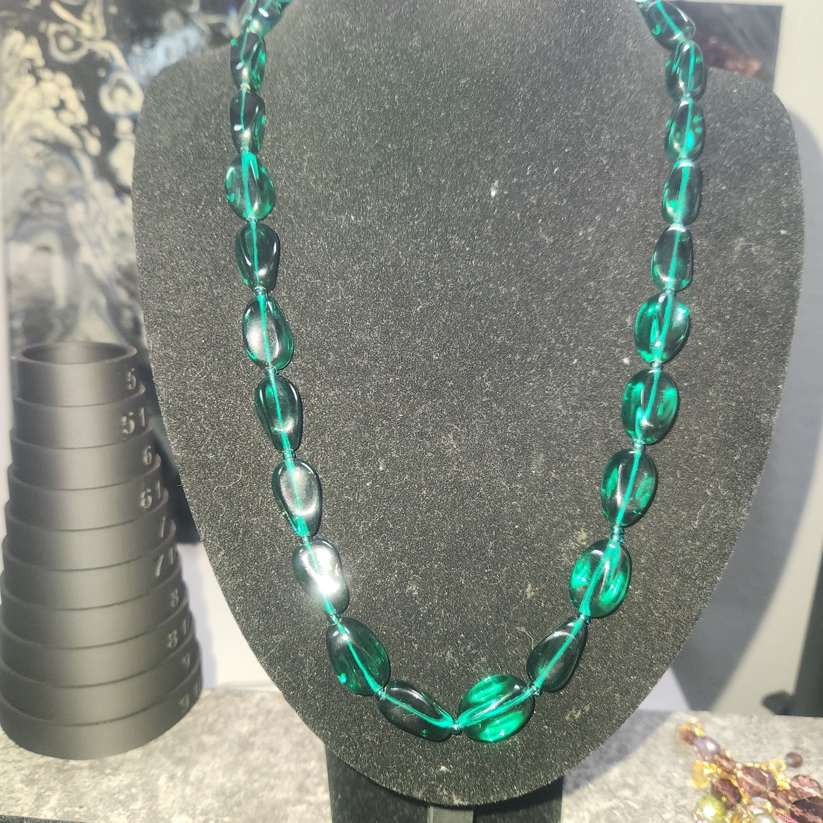 Vintage Emerald Green Glass Bead Necklace Tumbled Pebble Statement Jewelry Gold