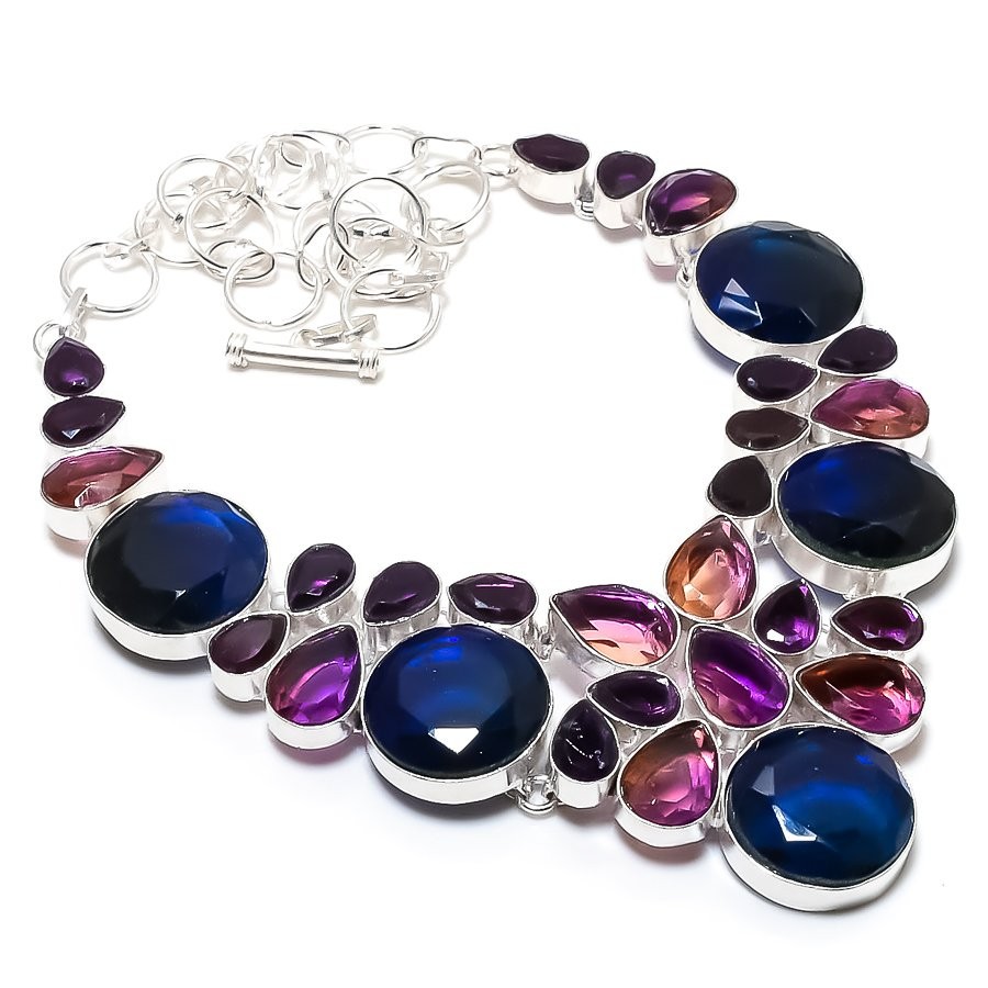 London Blue Topaz, Amethyst Gemstone Handmade Jewelry Necklace 18″