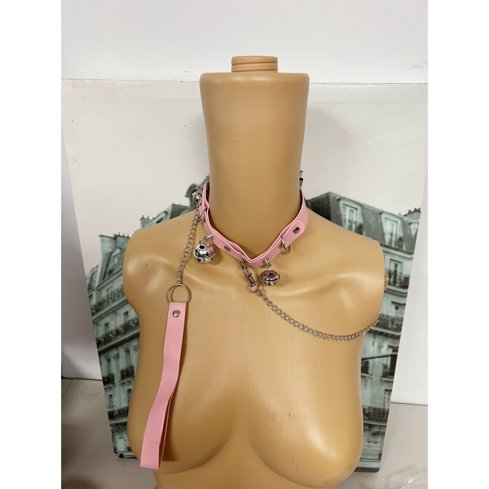 Gothic Faux Leather Choker Set with Detachable Chain Leash and Bell