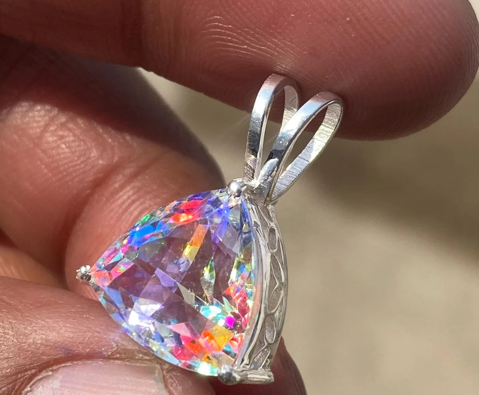 Magical Trillion Cut Mystic Topaz 35 Ct Sterling Silver Rainbow Pendant Gemstone