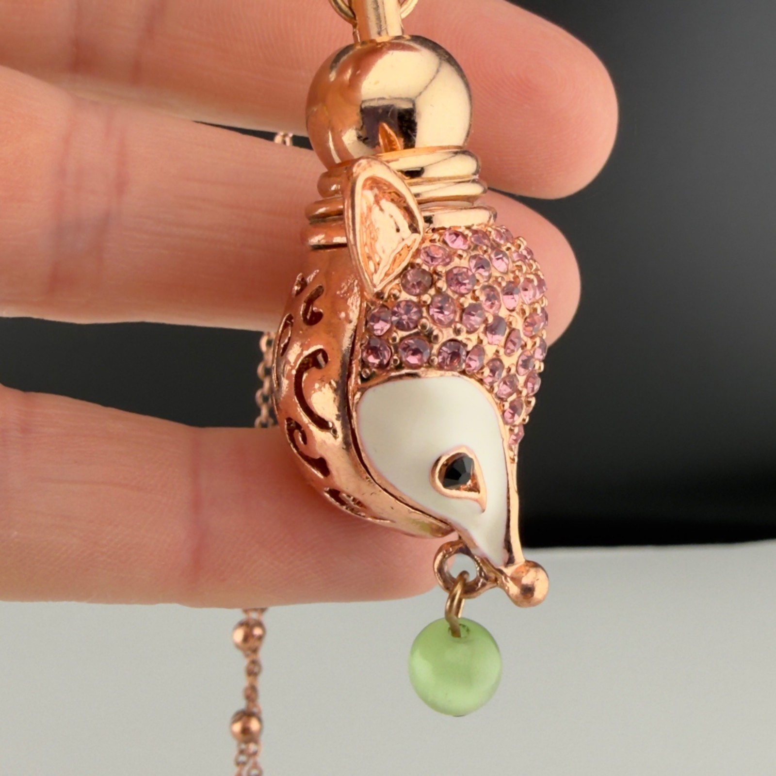 Fox Pendant Perfume Bottle Necklace Rose Gold Pink Crystals