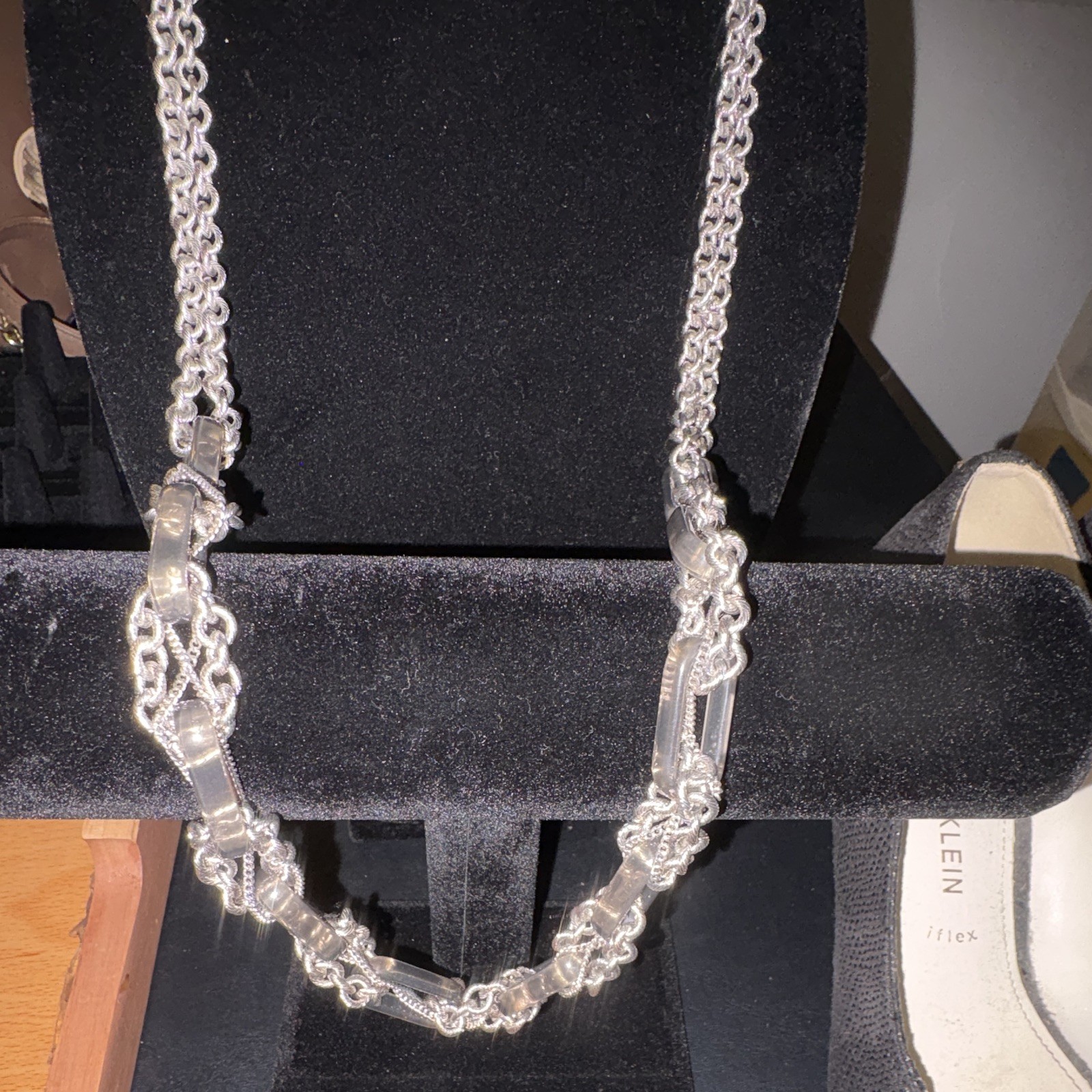 Silver Tone Round Link Chain Necklace, Metal, Adjustable, No Stone, Undated