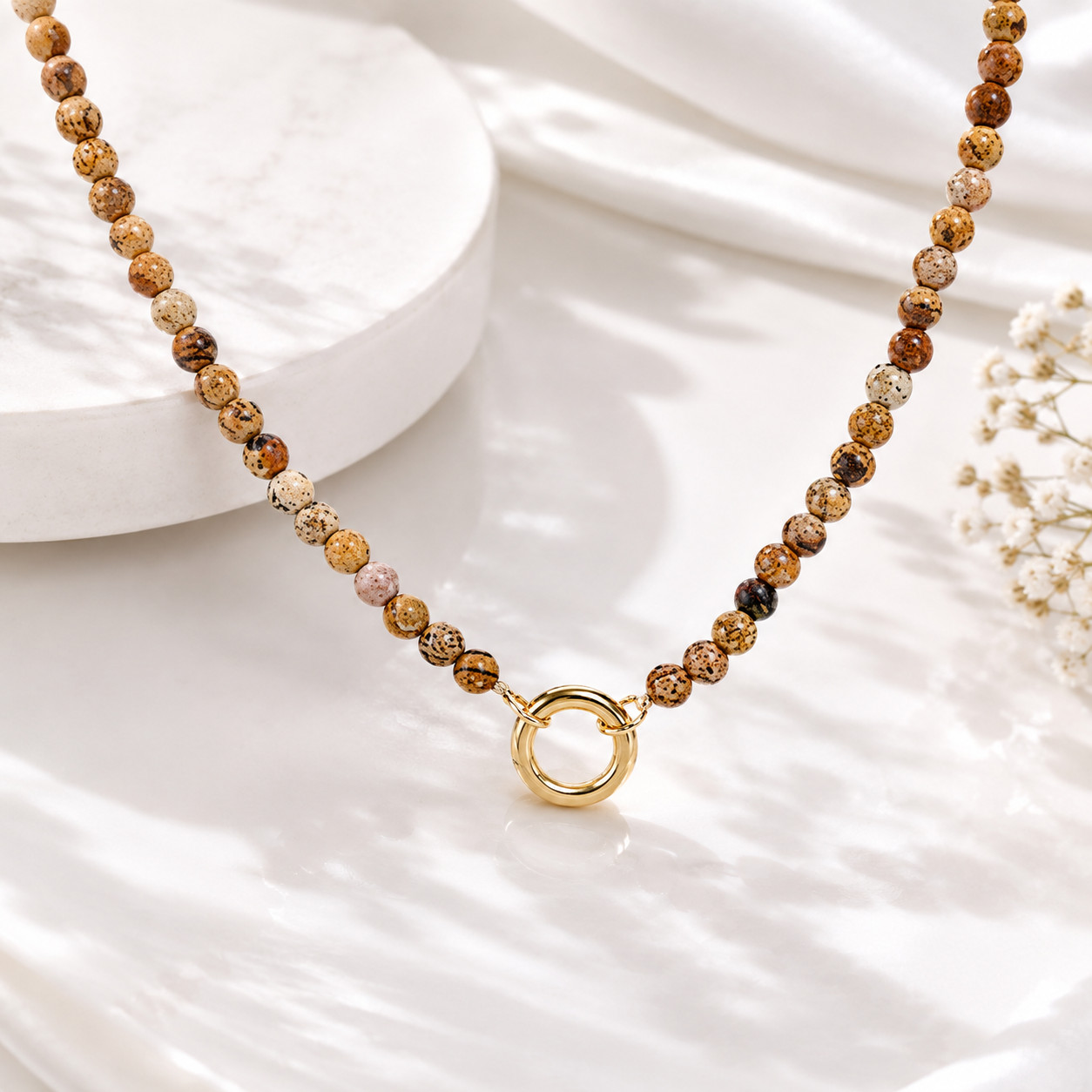 Picture Jasper Bead Necklace 18K Gold Plated Charm Holder Customizable