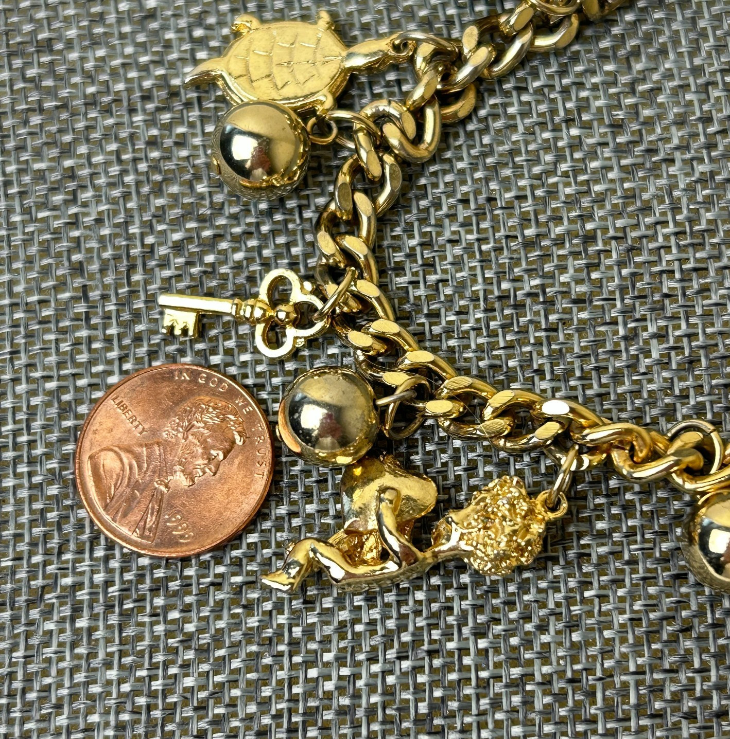90s Curb Link Charm Necklace Gold Tone Chunky 18″ L Various Life Event Charms