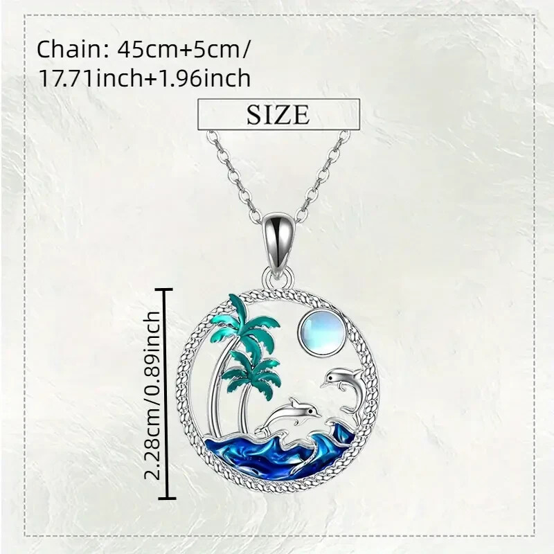 Fashionable Sea Wave Dolphins Round Pendant Necklace Ocean Beach Inspired Gift