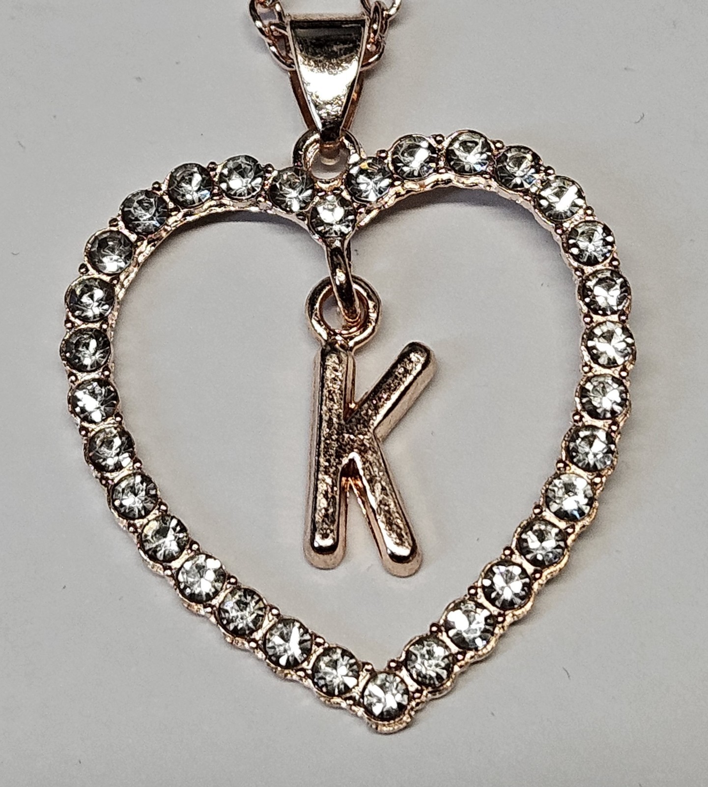 Letter Heart Necklace – Rose Gold Pendant Crystal Rhinestone Inital Charm Bling