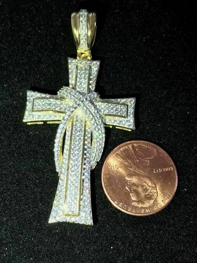 Cross Crucifix Pendant Simulated Diamonds 14K Gold Plated 925 Sterling Silver