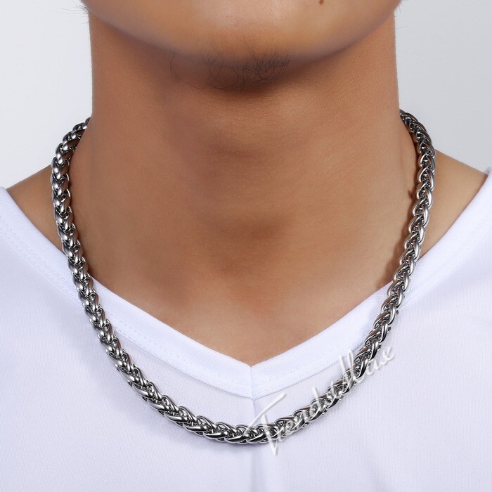 8mm Mens Chain Stainless Steel Braided Wheat Link Necklace Silver Jewelry 18-24″