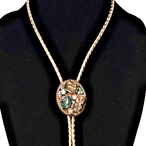 VTG White Silver Tone Braided Bolo Tie Chunky Crystal Prong Set Stones SW GLAM