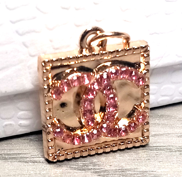 Designer Pink Rhinestones & Gold Tone, Zipper Pull Button Charm pendant