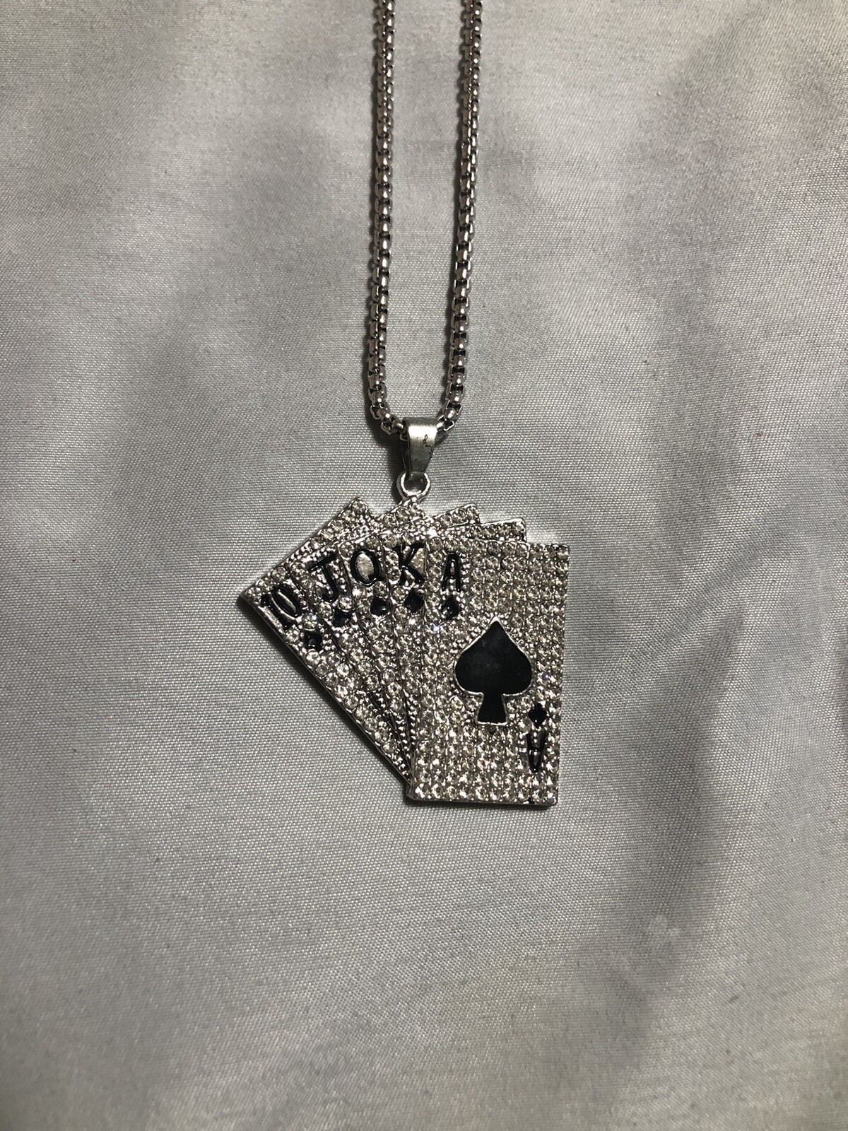 Card Royal Flush Spade Pattern Gothic Necklace Pendant with 22in. Box Chain