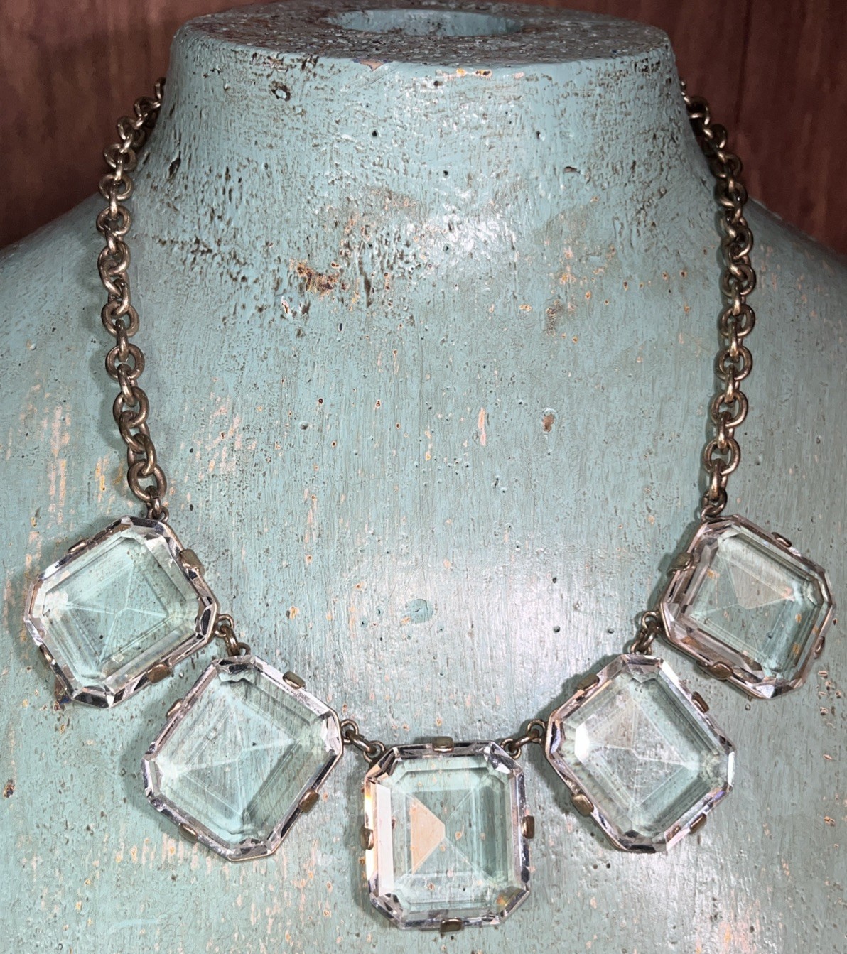 J Crew Crystal Rhinestones Emerald Cut Bezel Statement Necklace 17”-20”