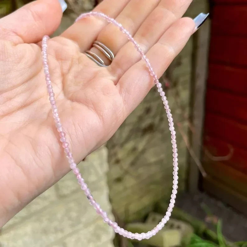 Natural Rose Quartz Faceted 2mm Beads Choker Dainty Healing Reiki Women Necklace