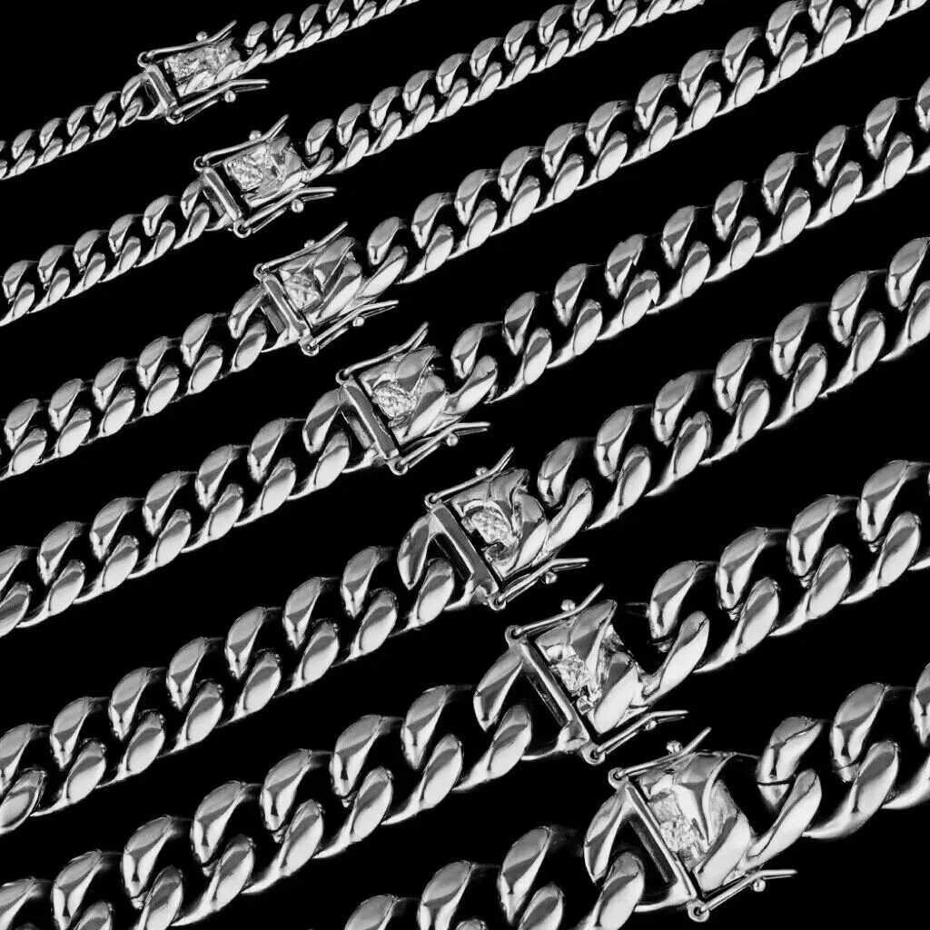 100% Stainless Steel White Gold Plated Miami Cuban Link Chain Bracelet 8MM-14MM