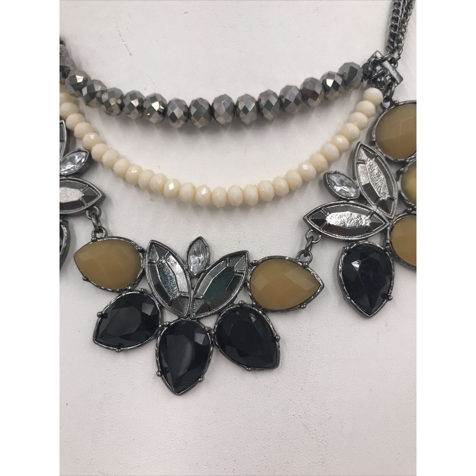Gun Metal tone Black/Grey Cream Rhinestone Necklace 18″ Statement layer strands