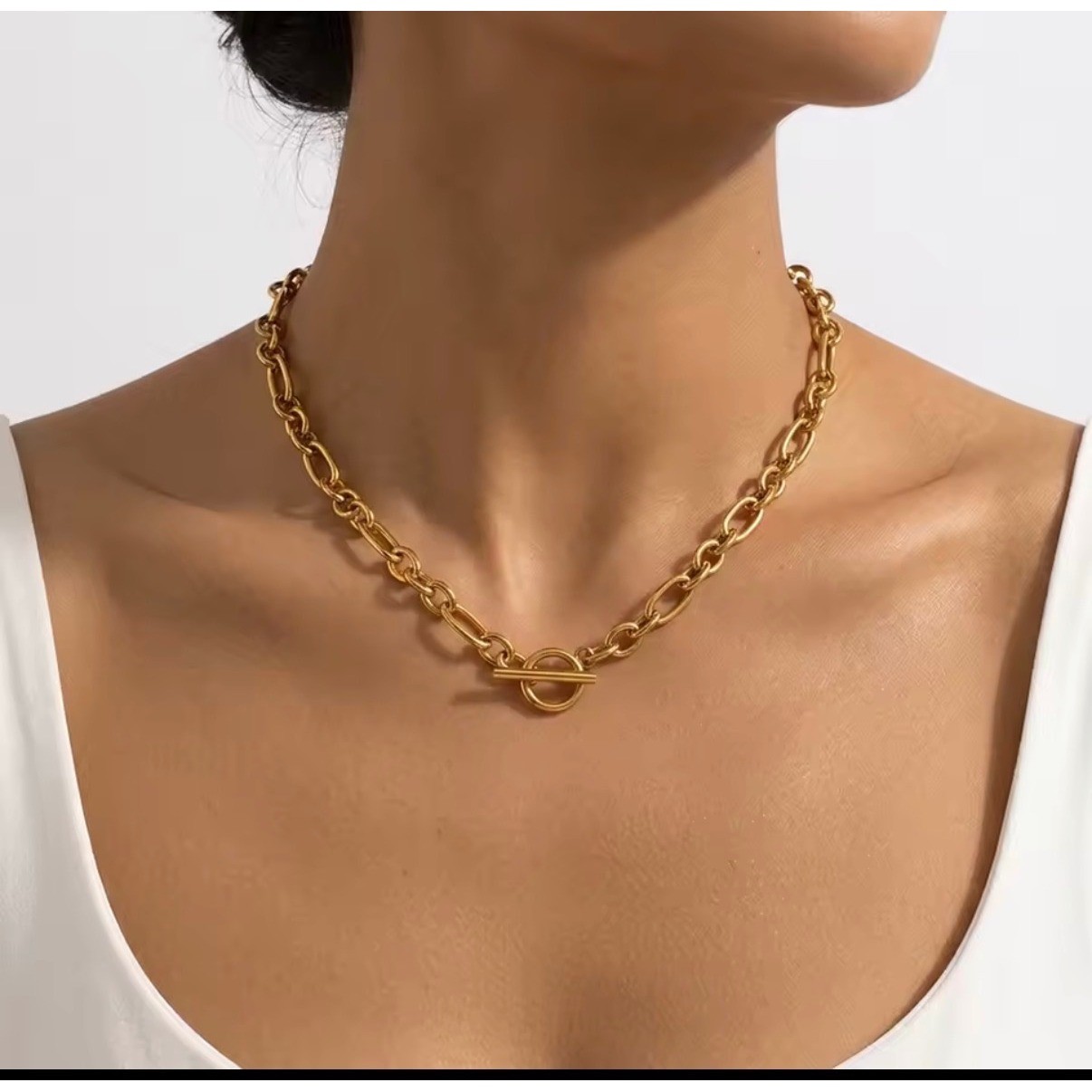 Gold Toggle Clasp Paperclip Chain Necklace Minimalist Oval Link Statement Choker