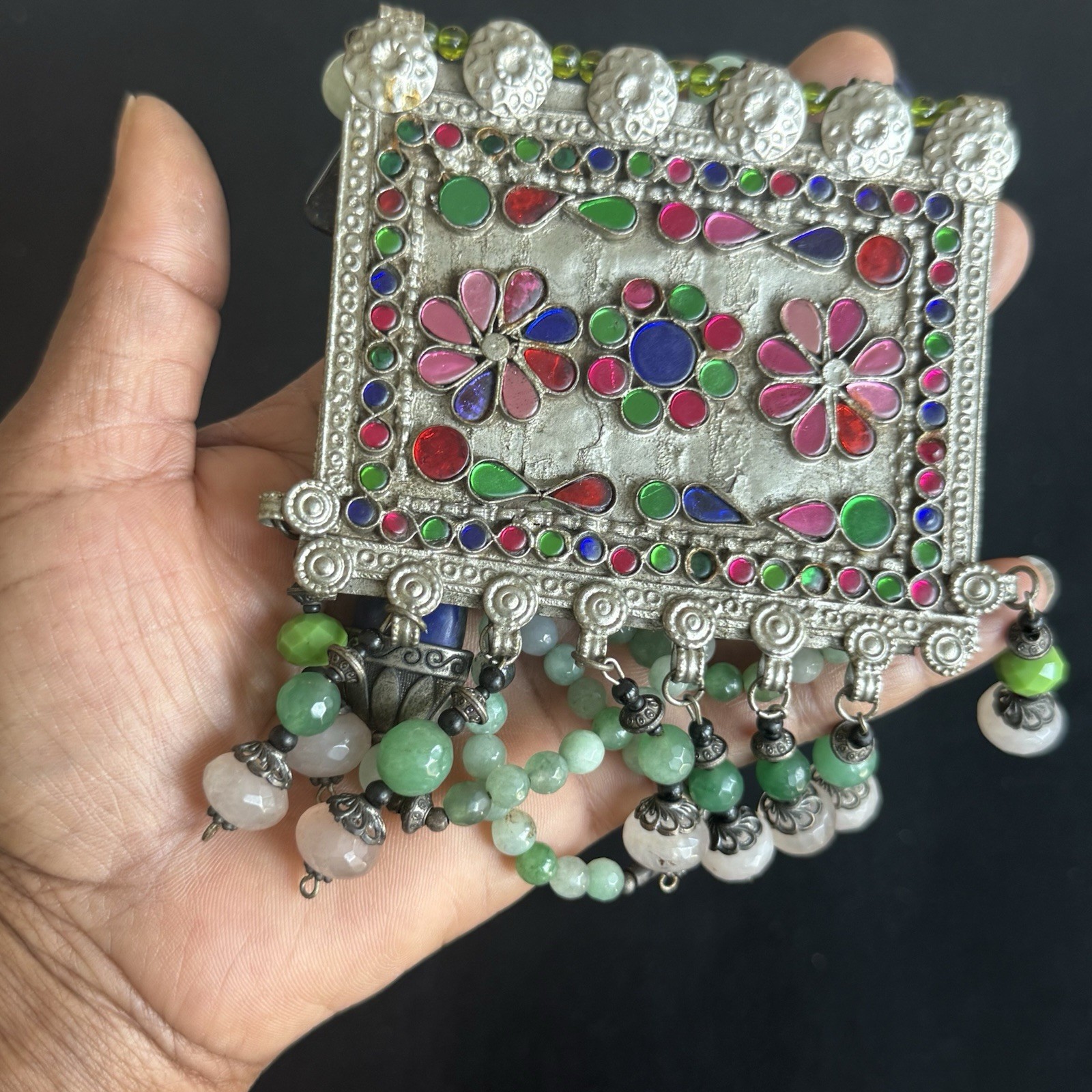 Multicolor Beaded Statement Necklace Silver Rectangle Floral Charm Dangle