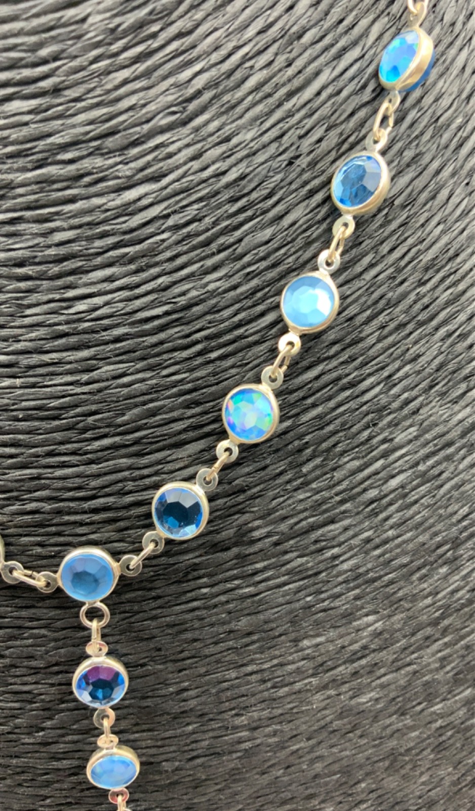 Vintage Blue Bezel Lariat Necklace Silver Tone Metal Glass 18cms