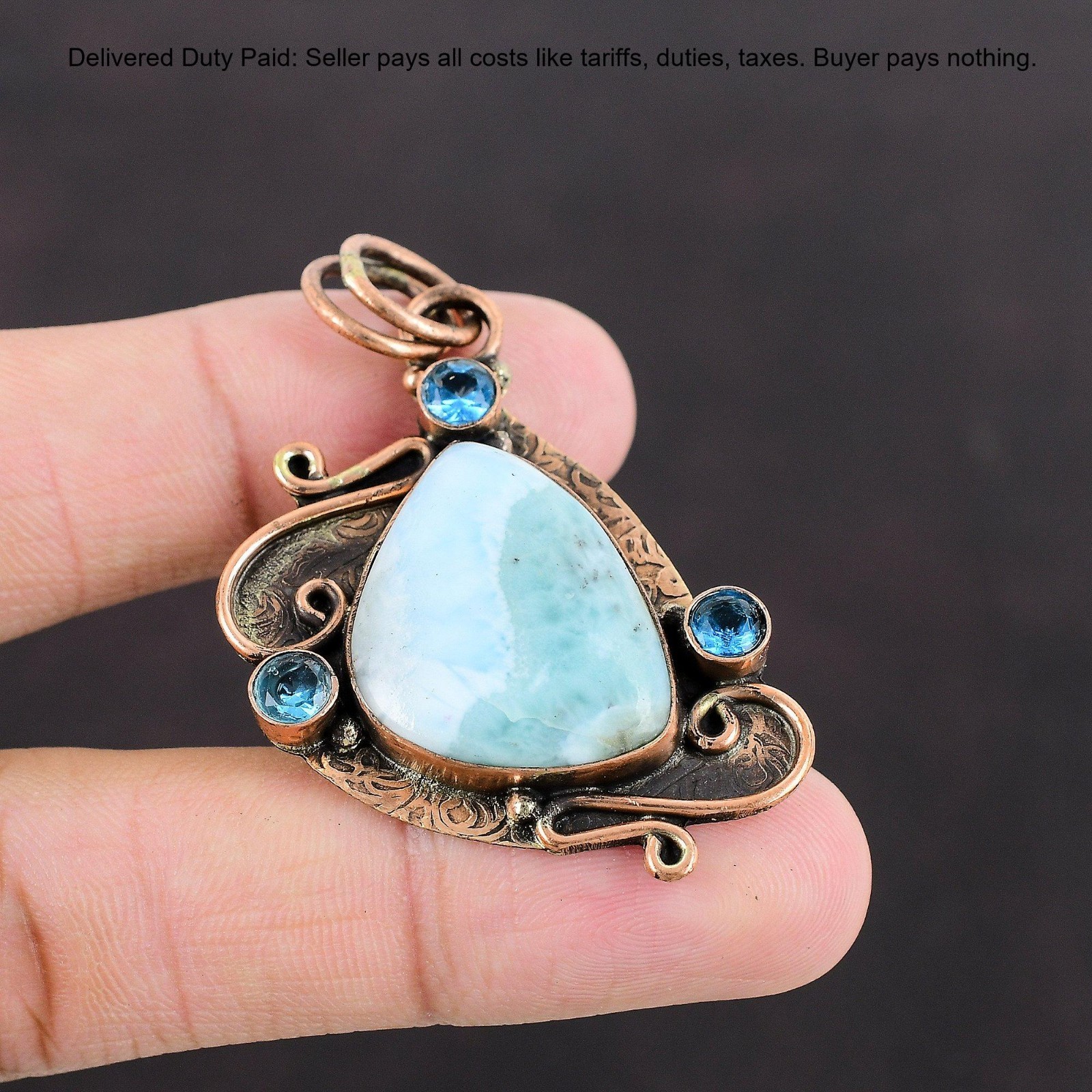 Trillion Larimar Gemstone Swiss Blue Topaz Copper Bezel Graduation Wife Pendant