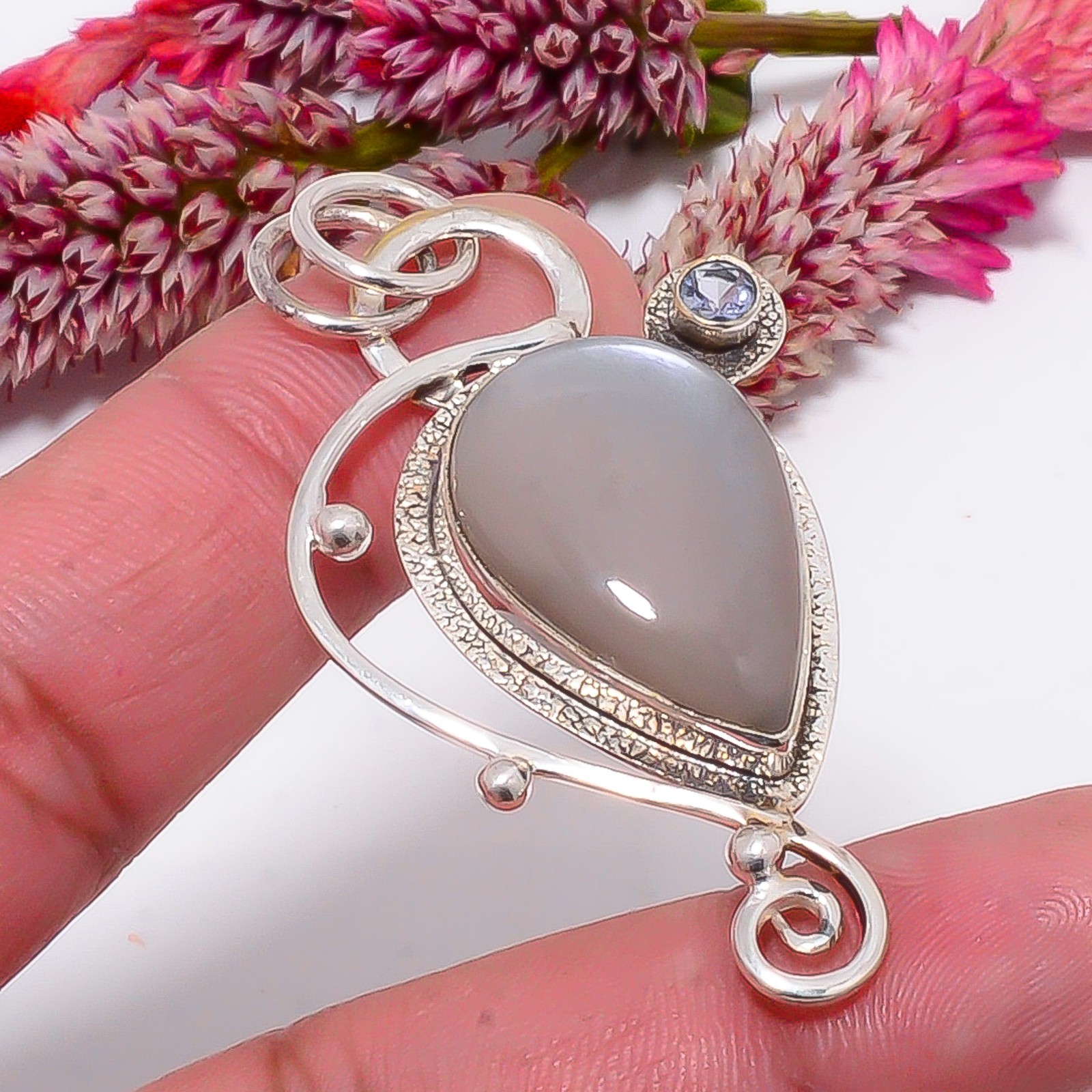 Gray Moonstone – Sri Lanka & White Topaz 925 Sterling Silver Pendant 2.15″ sku40