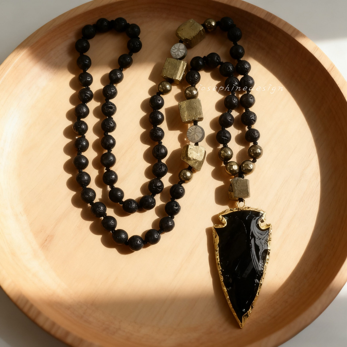 Lava Rock Volcano Stone Beaded Necklace with Natural Obsidian Arrowhead Pendant