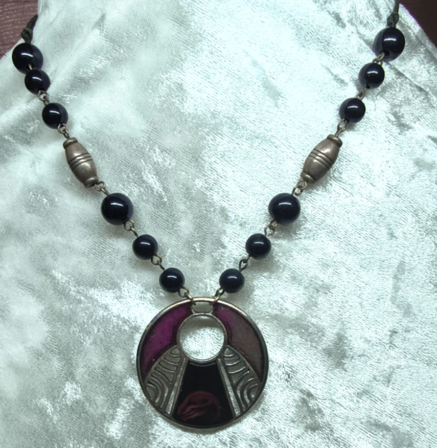 Art Deco Style Pendant Necklace Purple Black Beads Silver Tone 42 – 46cm Boho