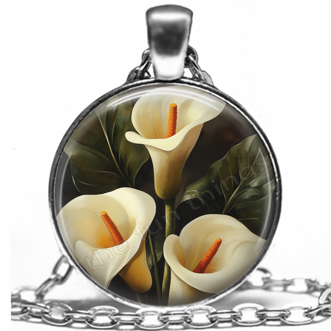 Greek “Beauty” Calla Lilies Necklace Pendant 24″ Chain Handcrafted Floral Gifts