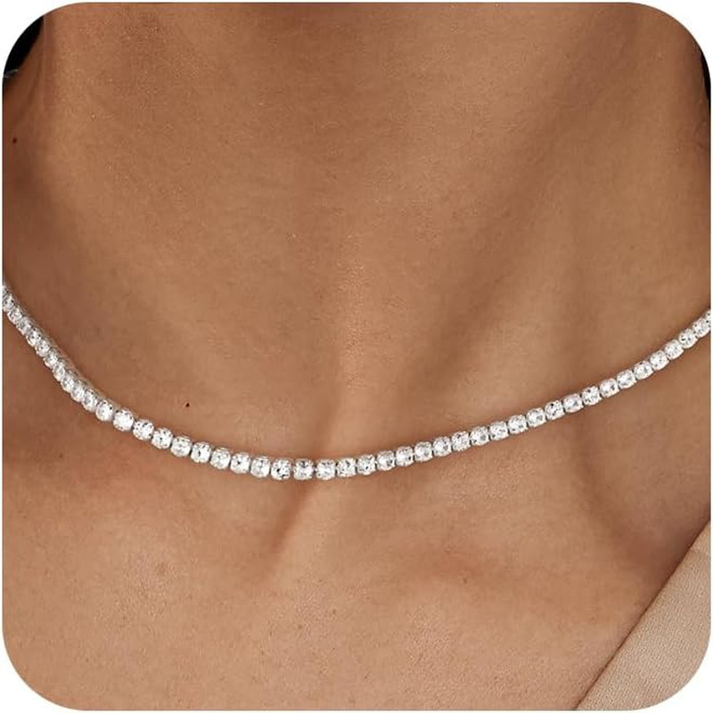 14K Gold Tennis Necklace Women’s CZ Sterling Silver Dainty Rhinestone Chain Gift