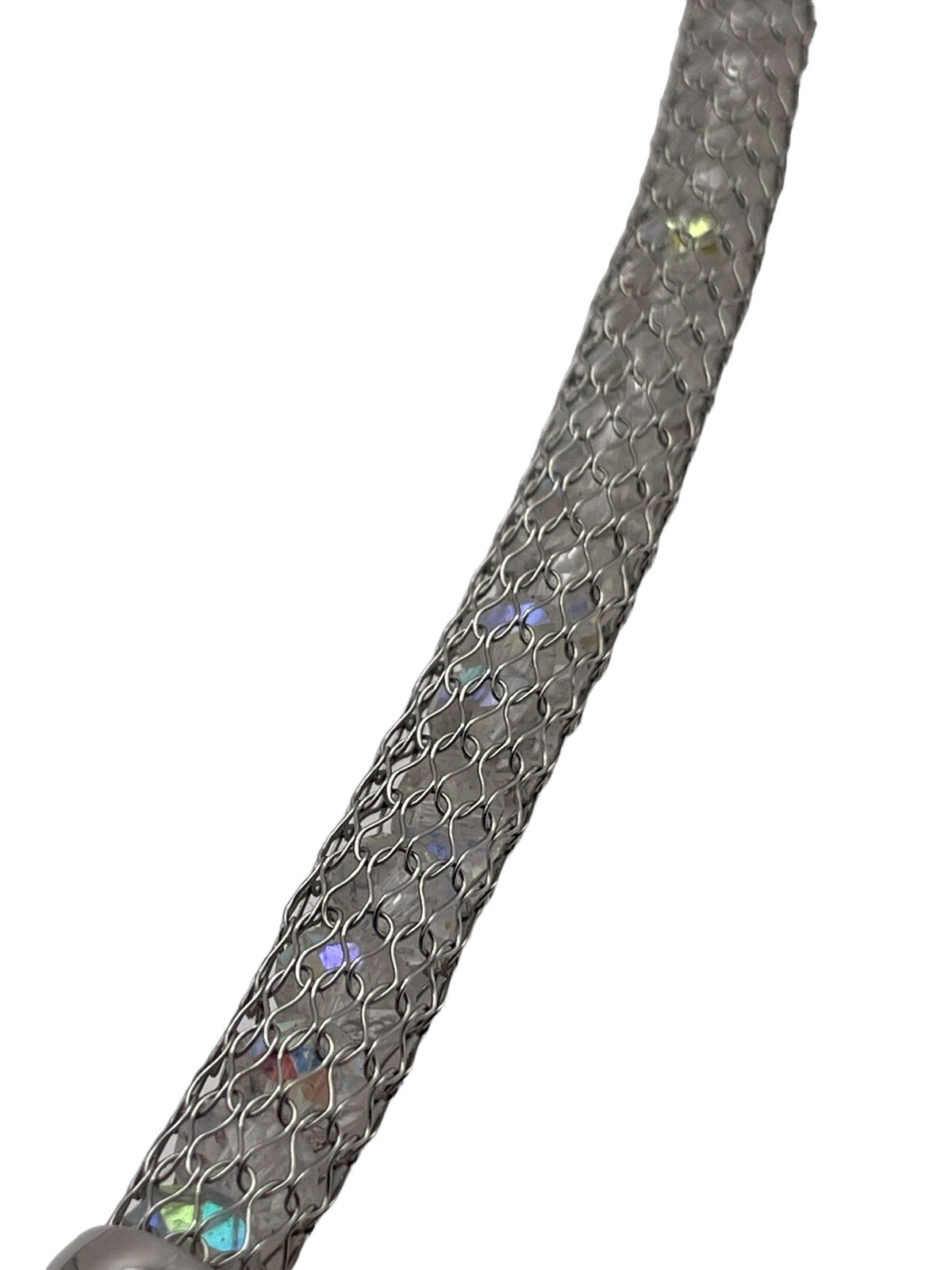 Stainless Steel China Mesh Net Aurora Borealis Bead Silver Tone Necklace Modern