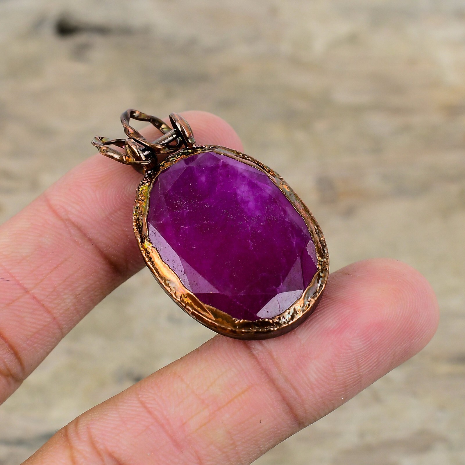 Valentines Sale Copper Oval Kashmir Rubi Stone Wife Electroformed Bezel Pendant