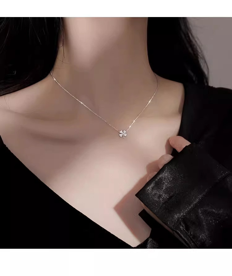 18K White Gold Plated Four Leaf Clover Necklace, Valentine’s Day Gift for Her