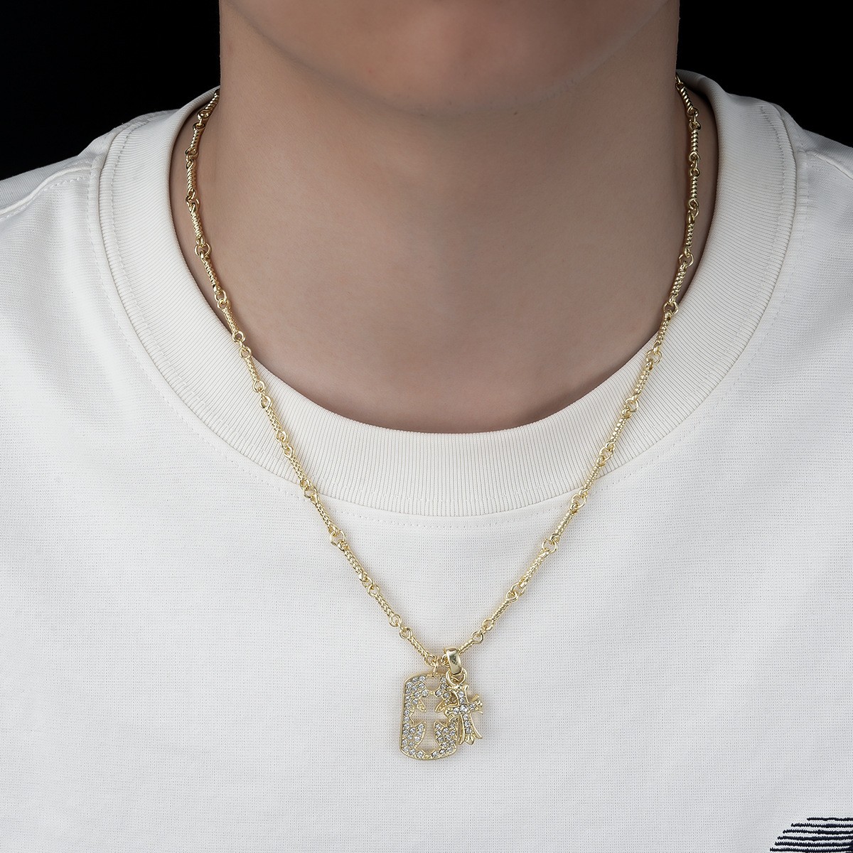 Gold Silver Plated Cutout Cross Dog Tag Pendant Wheat Chain Bling Necklace