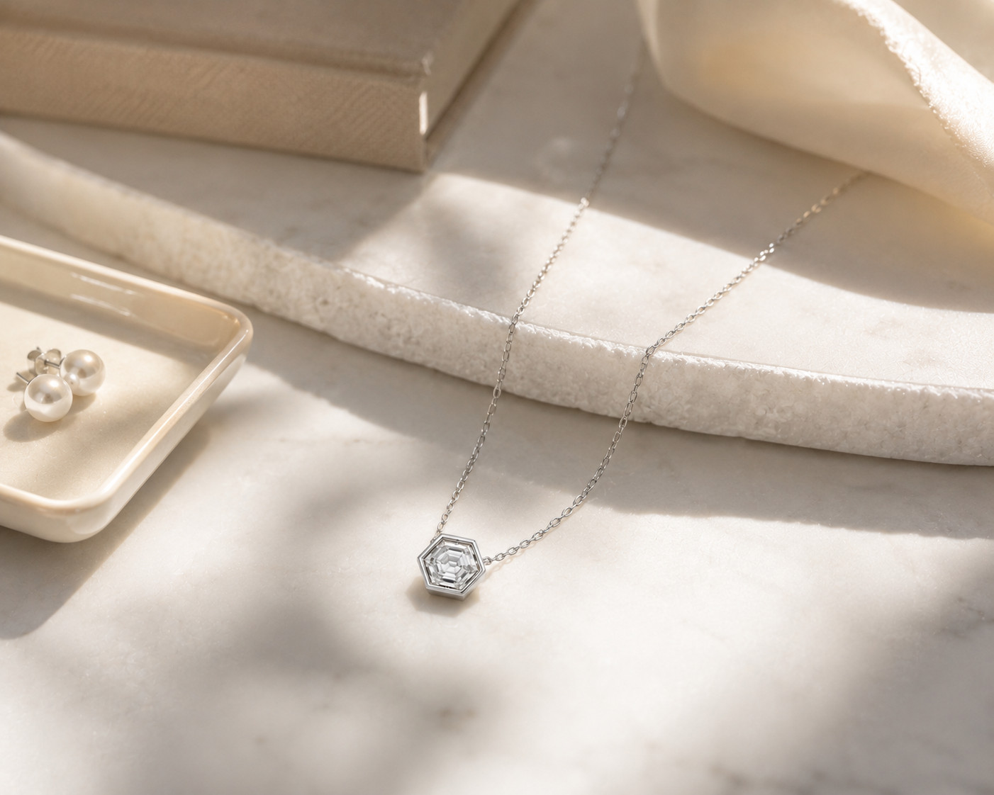 1.03 CT Hexagon Lab Grown Diamond Pendant Necklace 14K White Gold Bezel VS1