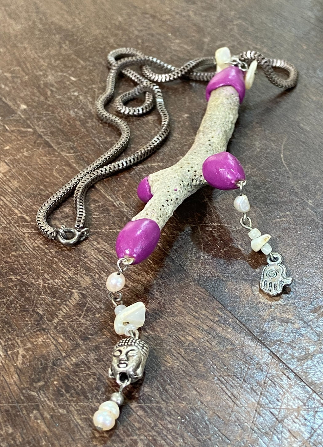 Handcrafted Coral Necklace with Purple Clay Accents and Spiritual Charms