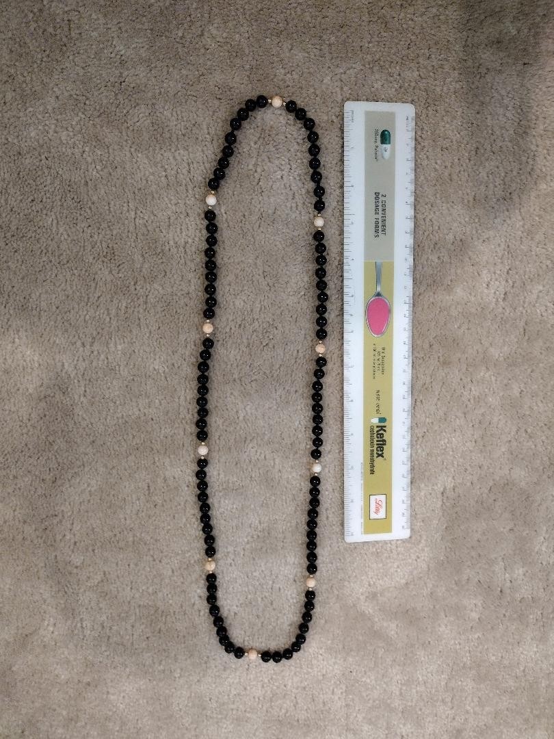 Black and Pink Coral Necklace Gold beads hand knotted 16 inch. Ships Free